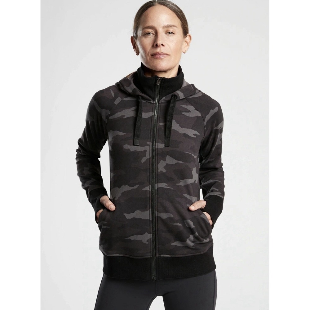 Athleta Triumph Printed Hoodie Full Zip Up Black Camo Hooded Jacket Sz Large